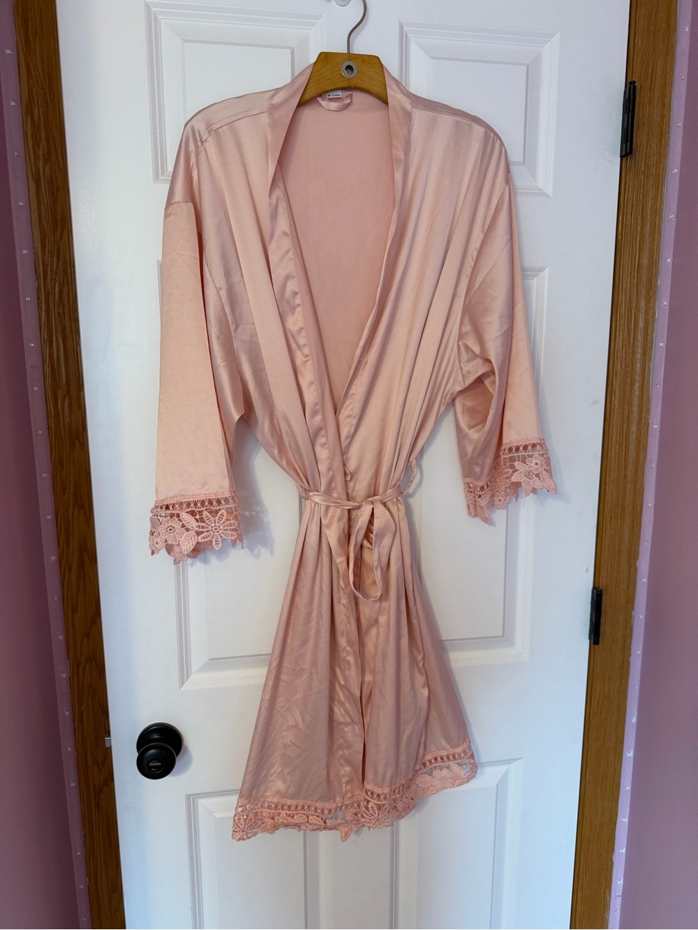 Light Blush Satin Lace-Trim Robe with Tie Waist